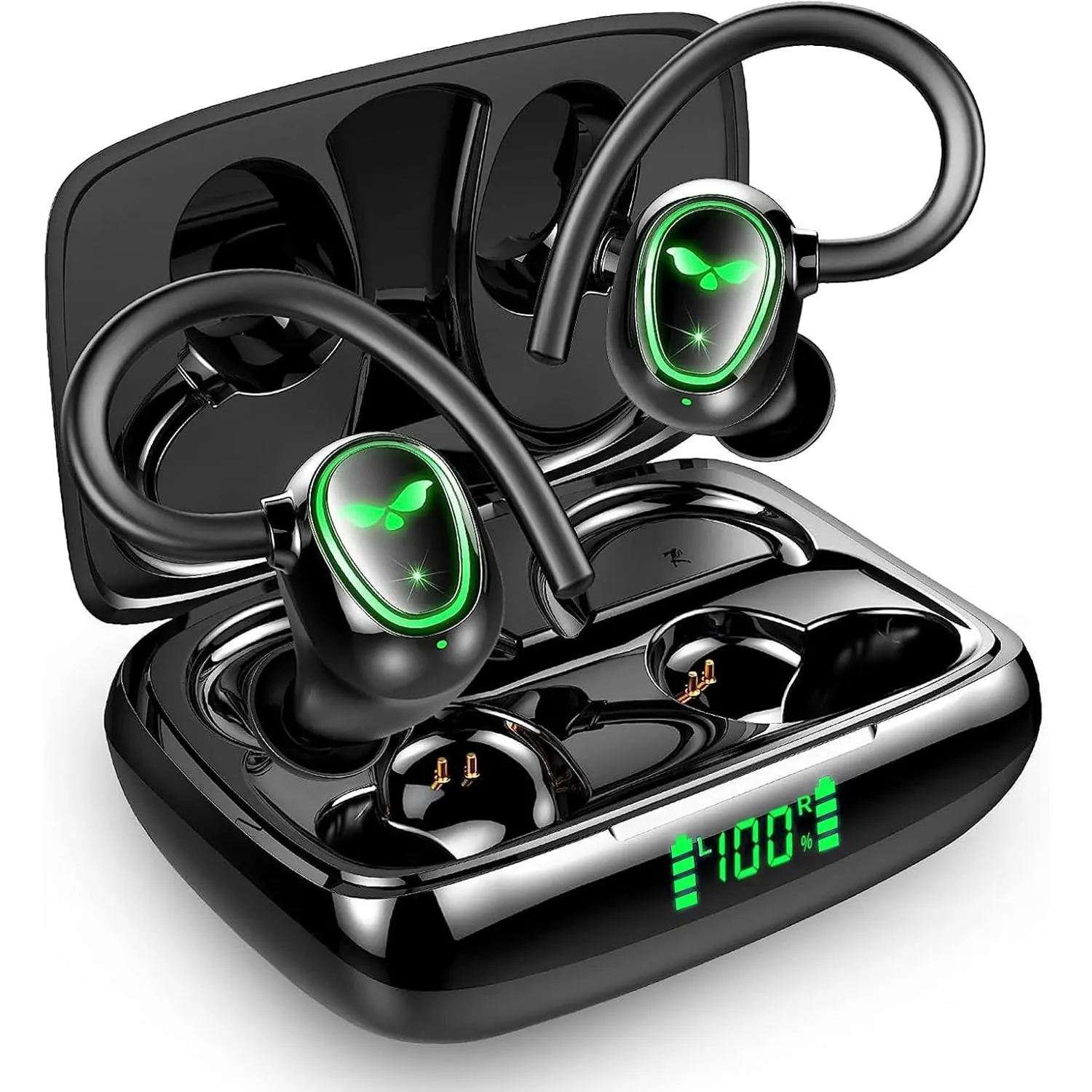 Bluetooth Wireless Headphones Earbuds 60hrs Playback Ear Buds IPX6 Waterproof Stereo Bass Over-Ear Earphones with Earhooks Microphone LED Battery Display for Sports/Workout/Gym/Running