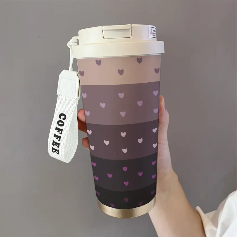 18oz Stainless Steel Insulated Flask Tumbler with Heart Pattern - Double-Walled Vacuum Design, Leak-Proof Lid, Straw, Portable Handle, Hot/Cold Beverage Compatible, Valentine's Day Gift for Coffee & Tea Lovers, Flasks