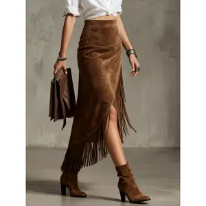 Y2K Cowgirl Skirt Asymmetric Hem with Fringe Suede Fabric Bodycon Fit Women Fashion TikTok Must Have