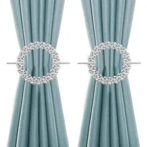 2 Pack Silver Curtain Tiebacks Round Curtain Holdbacks Plastic Curtain Clips Buckle Drapery Holdbacks Crystal Drapery Tiebacks for Home Window Decoration, with Fixing Rod (20 Crystals, Silver)
