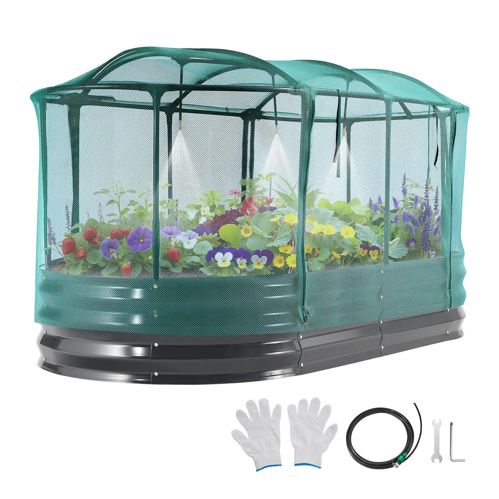 【DealsForYouDays】VEVOR Galvanized Raised Garden Bed, 6 x 3 x 1 ft, with Self Watering System and Mesh Cover, Oval Metal Planter Box Kit Outdoor, Rustproof Alu-Zinc, for Planting Flowers Fruits Vegetables, Dark Gray