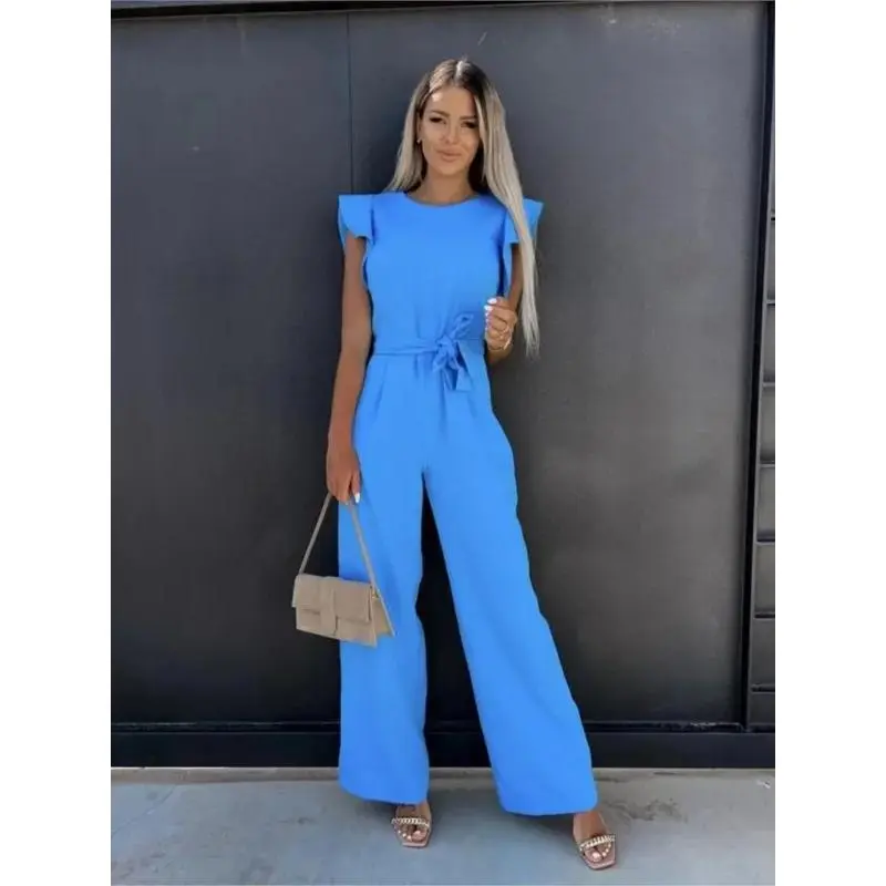 Casual Sleeveless Solid Jumpsuit Office Lady Spring Summer Fashion Elegant Ruffles Lace Up Jumpsuits For Women 2025 Female Set Blue Overalls
