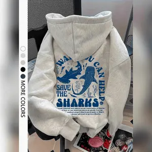 Women's Casual Hooded Sweatshirt Shark Print Drop Shoulder Pullover Loose Fit Drawstring Pocket Design Fall & Winter Hoo Hoodied Trendy Cotton Sweaters
