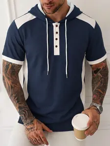 Men's Elastic Quick-Dry Hooded Short Sleeve Polo Shirt, Casual Fitted Half-Zip Top for Daily Workout Gym Wear