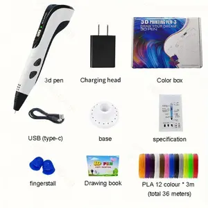 3D Printing Pen Set,   8-piece set  Includes 3D printing pen, Type-C charging cable, charging head, base, picture album and 36 meters of PLA consumable material. Creative DIY children's gift, New Year gift, birthday gift, DIY gift  Children's Toy