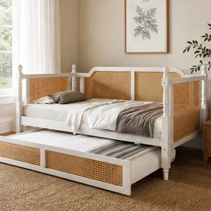 ARCH Twin Size European-Inspired Rattan Style Solid Wood Daybed with Pull-Out Trundle, Antique White Finish, No Box Spring Needed, Space-Saving for Guest Room, Kids Room, Wood Bed Frame, European-Inspired Bed Frames