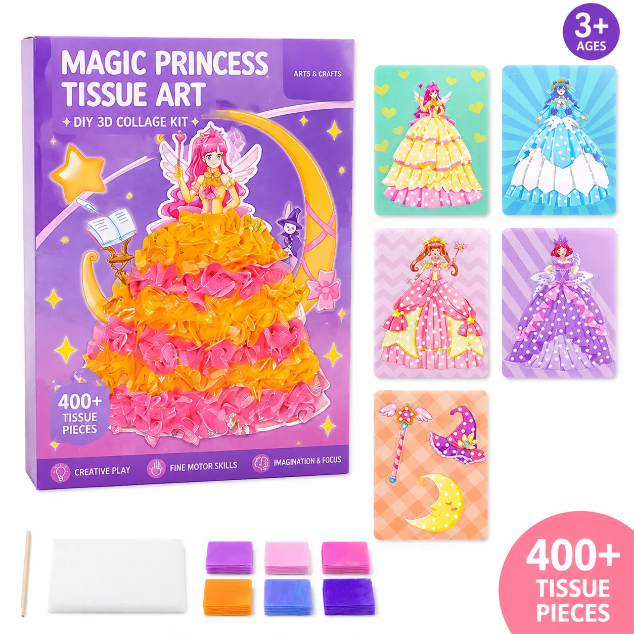 Magic Princess Tissue Paper Art Craft Kit for Kids Ages 3+, DIY 3D Poking Collage Sticker Toy with 400+ Tissue Pieces, Creative Fine Motor Skill Activity Gift for Girls Birthday Christmas