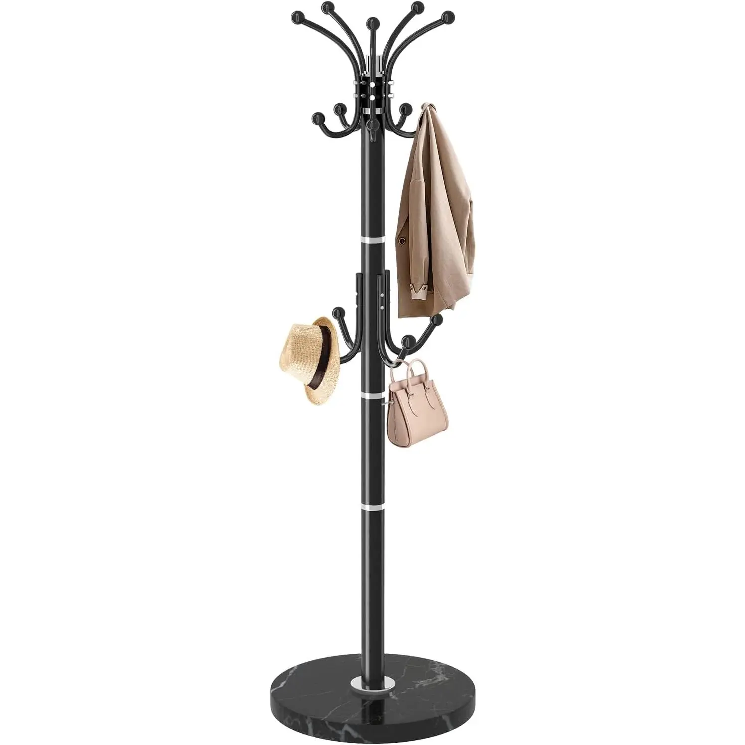 Modern Coat Rack Stand, 360° Rotary Metal Freestanding Coat Rack with Natural Marble Base, White Coat Racks and Coat Hanger Tree Jacket Stand with 14 Hooks for Office, Entryway, Hallway