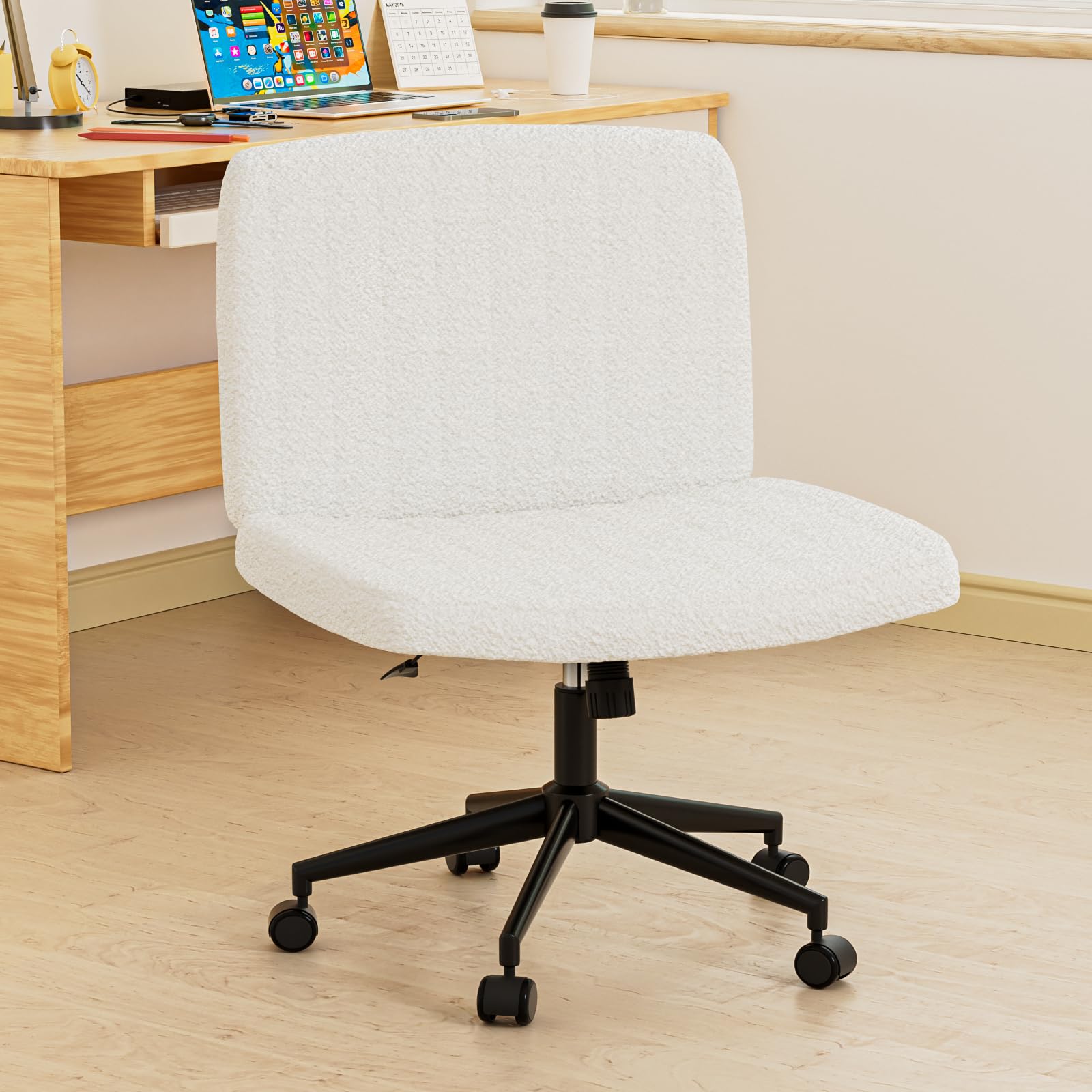 Boucle Criss Cross Armless Office Chair with Wheels offers ergonomic height adjustment and adjustable swivel for home use