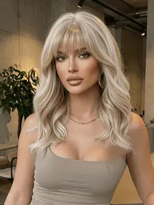 Butter Blonde Short Wavy Bob Wig with Bangs, Medium Length Curly Hair Design, Heat Resistant Synthetic Fiber, All Season Wear