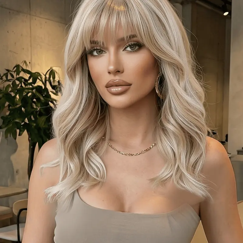 Butter Blonde Short Wavy Bob Wig with Bangs, Medium Length Curly Hair Design, Heat Resistant Synthetic Fiber, Synthetic Hair Wigs, All Season Wear