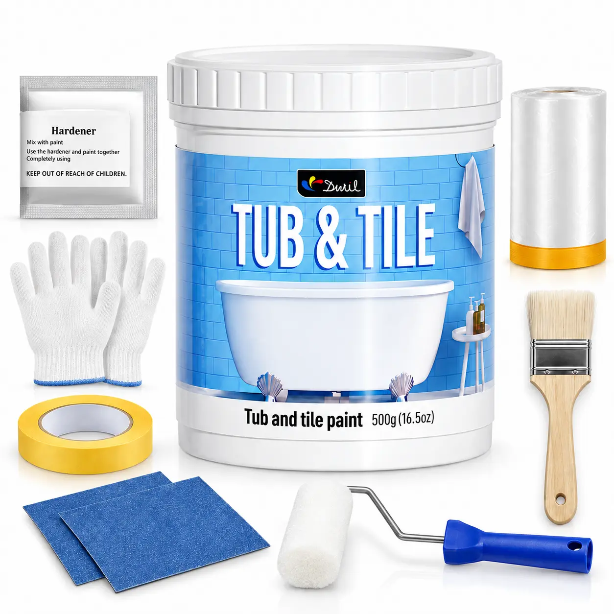 DWIL Tub and Tile Paint, Bathtub Refinishing Kit with Tools, Water-Based Low-Odor Bathtub Paint for Bathroom Tile and Sink, 16.5 oz, Semi-Gloss White