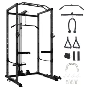 Multi-Functional Power Rack , with Cable Pulley System and J-Hooks, with Dip Bars and Landmine Attachment, Weight Cage for Home Gym Equipment