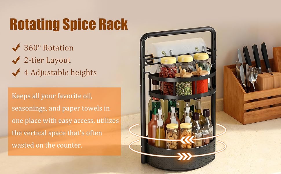 360° Rotating Spice Rack — Double-Tier Turntable Organizer with Industrial Style — Suitable for Kitchen Countertops and Cabinets — Features Integrated Paper Towel Holder — Versatile Kitchen Storage Tray — Black Bottom