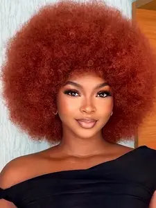12 Inch Copper Afro Kinky Curly Wig with Bangs, 70s Retro Huge Fluffy Puff, Synthetic Wig for Women, Cosplay & Daily Party Use, Synthetic Curly Wigs