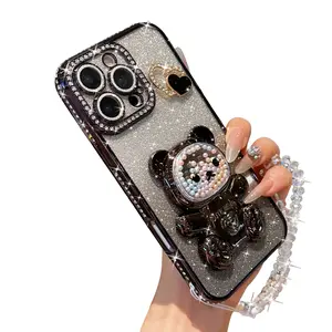 Anti-Drop Shockproof Smartphone Case Cover Protector with Diamond Rhinestone Stand, Beaded Bracelet Design, Compatible with iPhone 17 Pro Max, 17, 16 Pro Max, 15, 14, 13, 12, 11