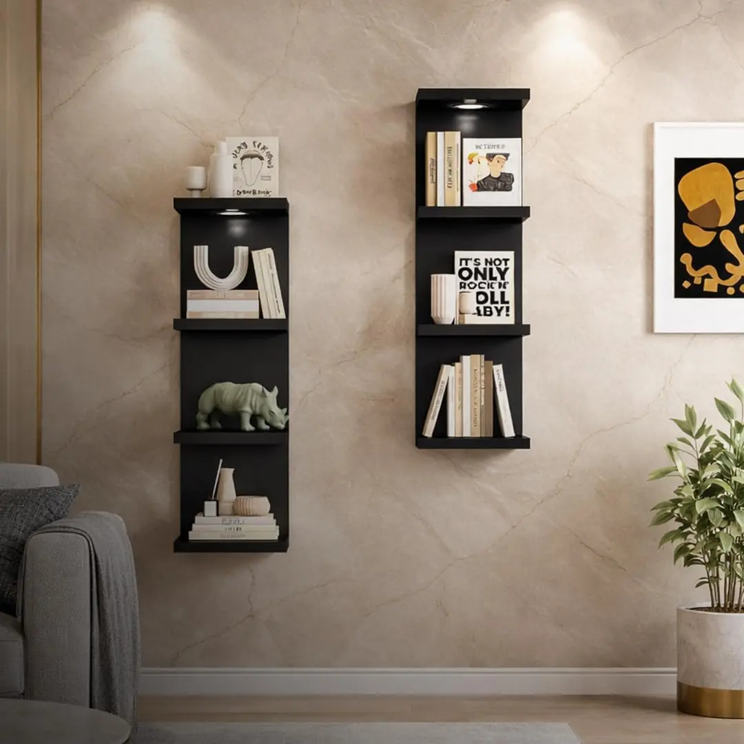 Versatile 4 Tier Wall Shelf Unit, Lack Wall Shelf,Display Floating Shelf with LED Remote Control Light (Black)