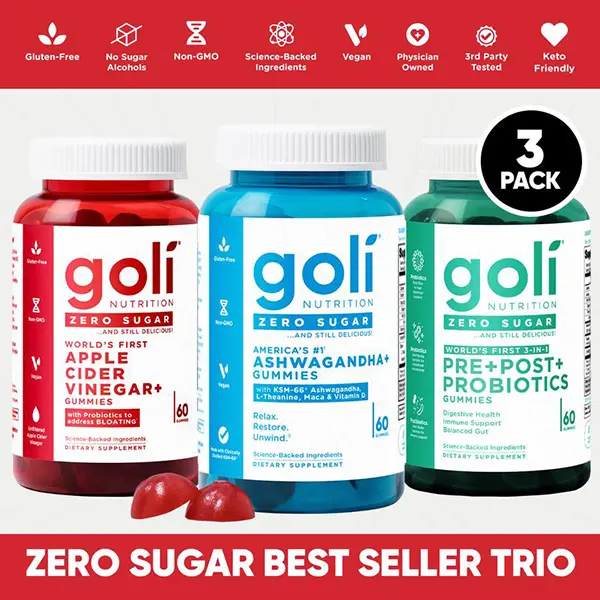 Zero Sugar  Trio - World's First 3-in-1 Pre, Post, Probiotic, Apple Cider Vinegar with Vitamin B12 and Probiotics To Address Bloating, Ashwagandha & L-Theanine, Vitamin D gummies. Gluten-Free, Vegan, Non-GMO & Gelatin-Free
