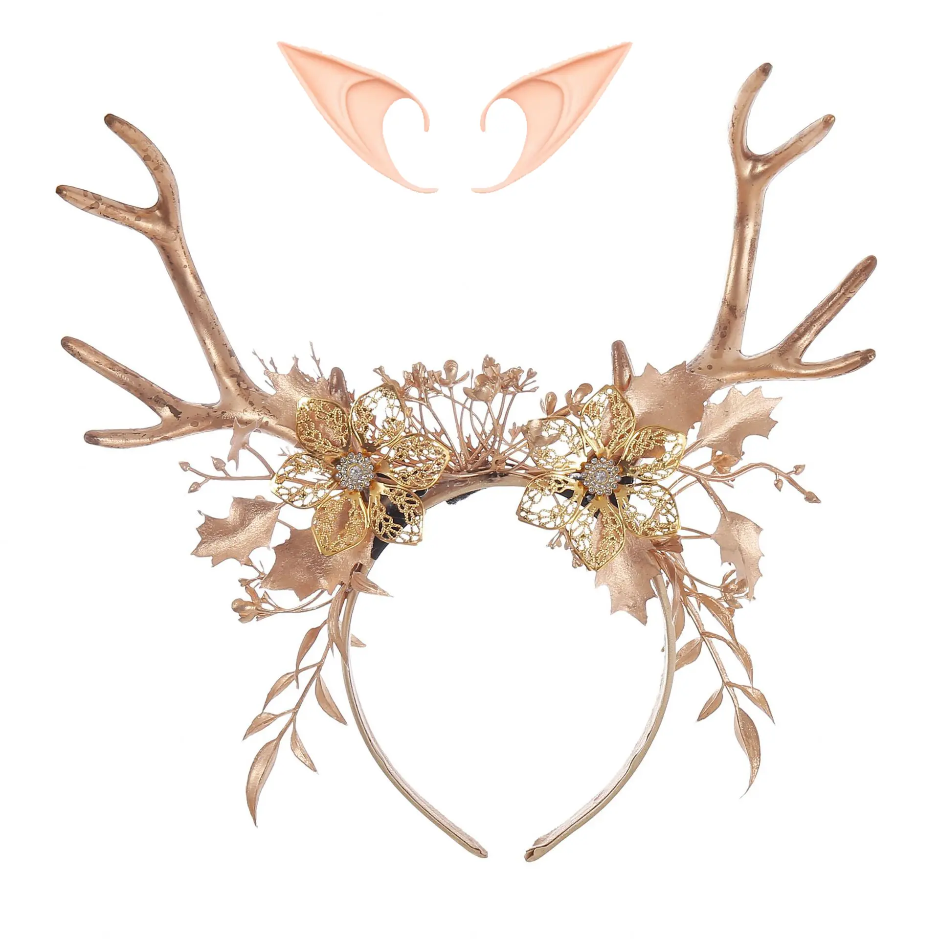 GentleLie Handmade Golden Antler Headband with Elf Ears, Fairy Goddess Floral Crown for Christmas &Halloween Birthday Party, Fantasy Woodland Deer Horn Headpiece, Elegant Cosplay Accessory for Women & Girls