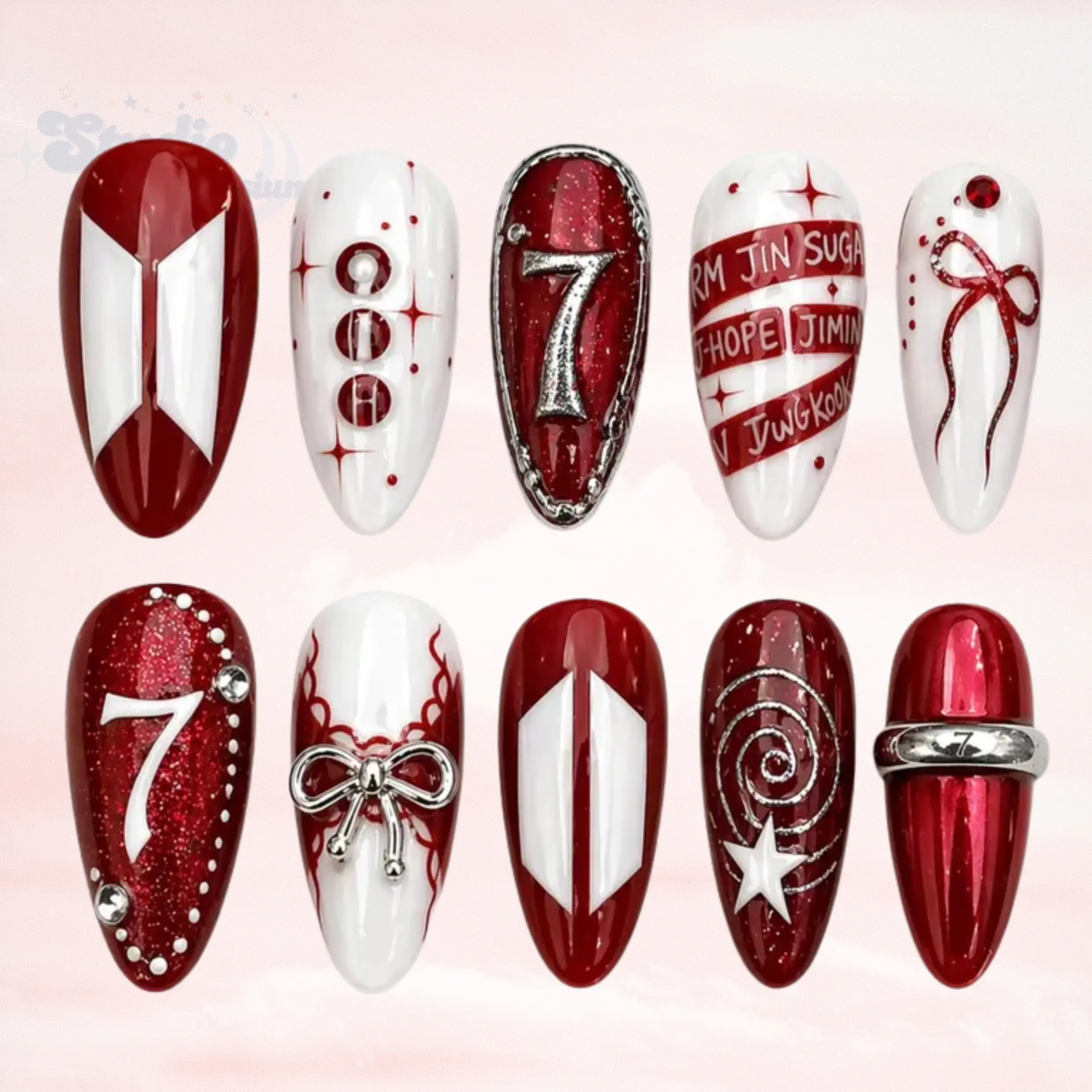 BTS Arirang Press On Nails | 2026 Comeback Borahae Red Art | 3D Silver Microphone 7 Nails | Red White Cosmic K-pop Fake Nails