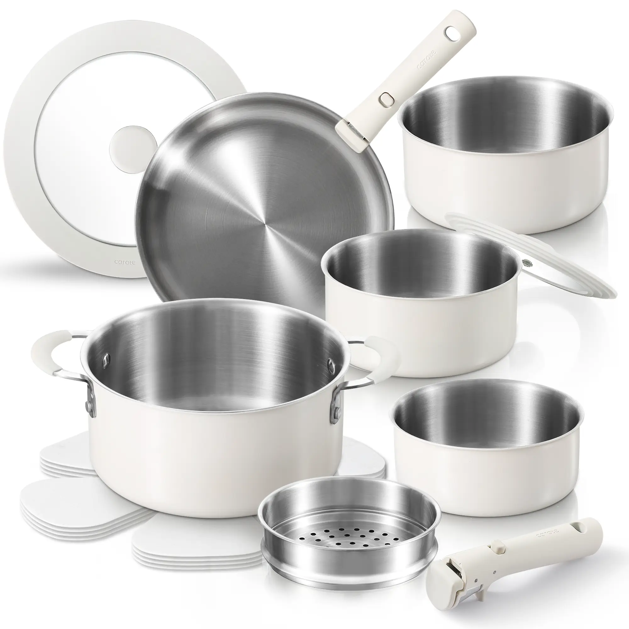 [Official] CAROTE 14pcs Cookware Set, Stainless Steel Set with Detachable Handle, Induction Kitchen RV Cookware Set, Dishwasher/Oven Safe