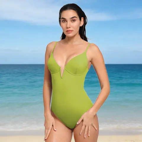 POPILUSH Deep V-Neck Low-Back One-Piece Shapewear Swimsuit with Tummy Control & Breast Support Adjustable Straps