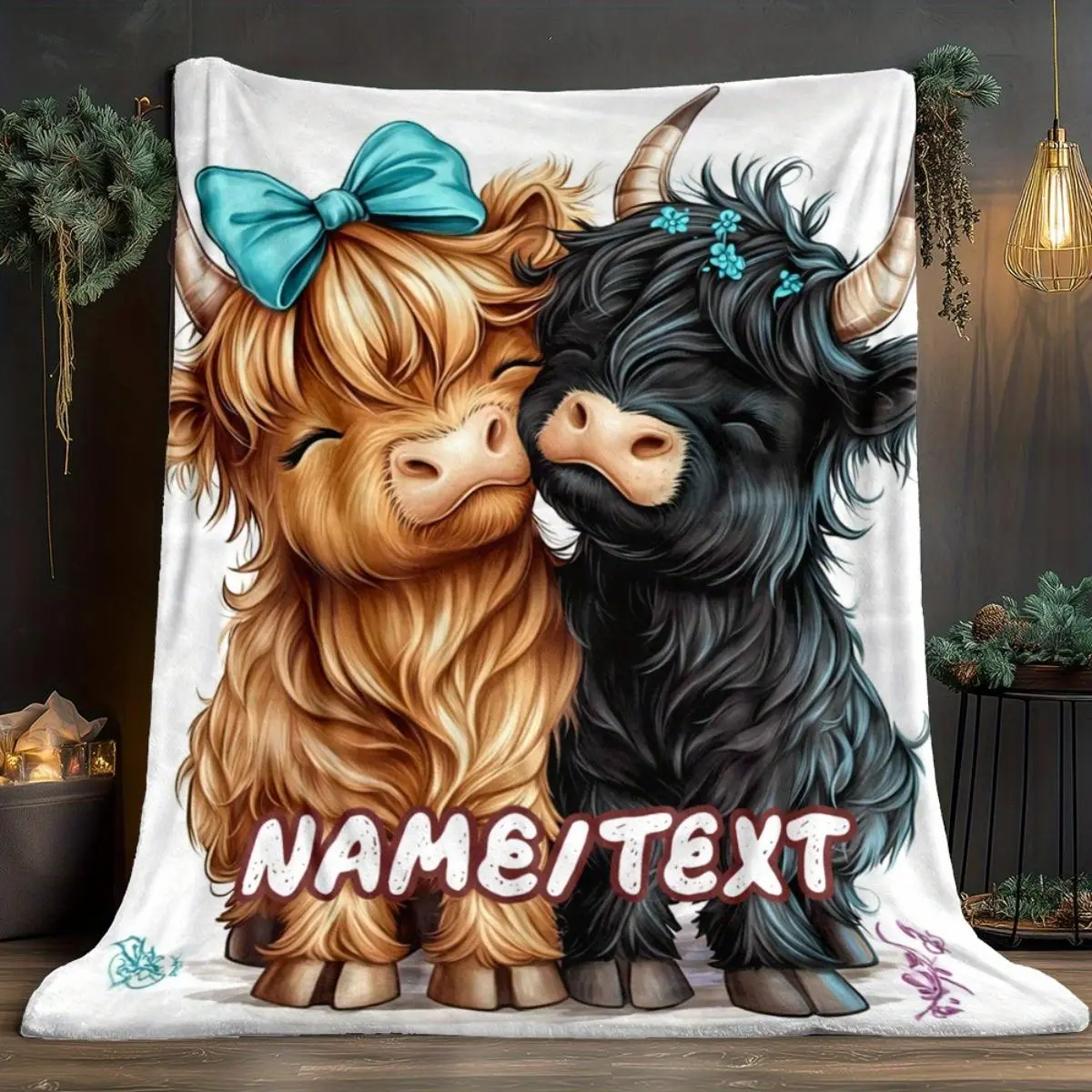 1pc Brown Cow Customized Name Blanket - Lightweight Flannel Home Furnishing Bedding Blanket Suitable for Sofas, Beds, Travel, Camping, Living Rooms, Offices, Sofas, Chairs, And Beds - Soft And Warm Flannel Fabric Digital Printed Blanket
