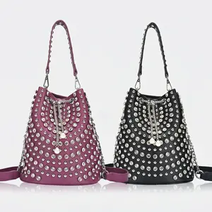 Full Rhinestone Studded Bucket Bag – Litchi Grain Leather Drawstring Purse with Pearl Charm & Chain Strap, Edgy Punk Crossbody Handbag for Women, It's Giving Main Character Energy Single