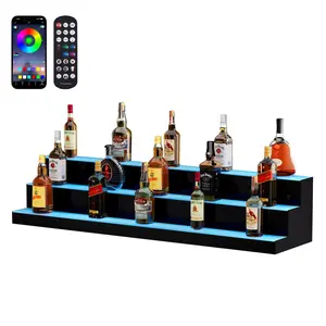 LED Lighted Liquor Bottle Display Bar Shelf With RF Remote And Mobile App Control, 48-Inch Wide Illuminated Beverage Display Cabinet, 3-Step Shelving Design For Home Bar, Kitchen Or Restaurant Decor And Bottle Organization