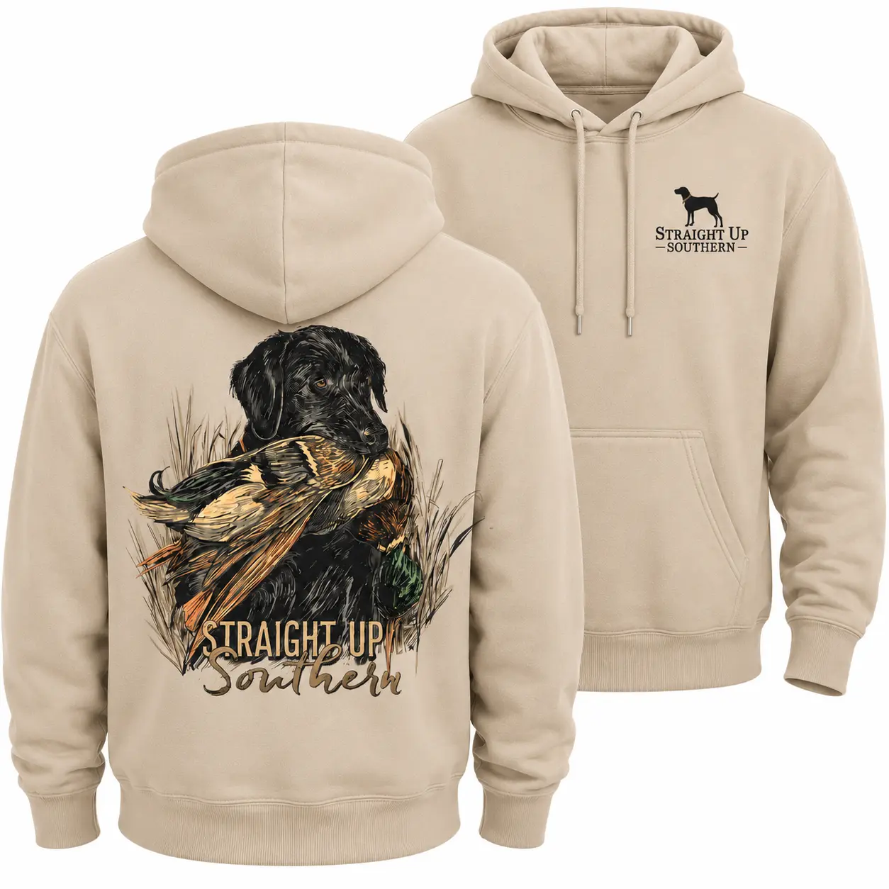 Straight Up Southern Duck Hunting Hoodie, Black Lab Retriever Hunting Graphic Hoodie, Waterfowl Hunter Back Print Hooded Sweatshirt, Vintage Outdoors Hunting Pullover, Unisex Hoodie