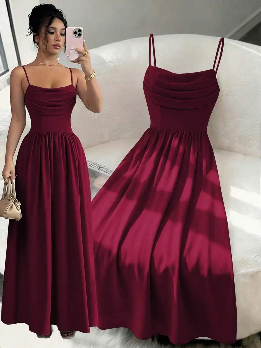 Women's Elegant Romantic Chiffon Spaghetti Strap Waist Cinched Flowing Dress, Suitable For Wedding Guests, Sisters Gathering