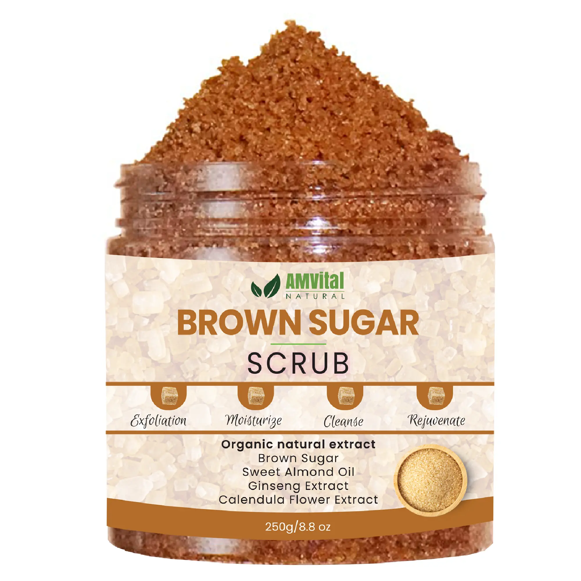 AMVital Brown Sugar Body Scrub 250g - Gentle Moisturizing & Exfoliating Body Care for Sensitive, Smooths Face, Hands, Ft (Exfoliates for Soft Skin), Exfoliate, Fragrance Free, Brown Sugar Buffs Dead Skin
