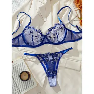 Floral Embroidery Lingerie Set, Mesh Unlined Bra & Panty, Women's Sexy Lingerie & Underwear