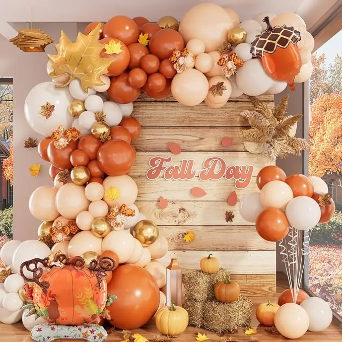 Fall Day 161pcs Balloon Arch Kit with Sand White Burnt Orange Macaron Orange Metallic Gold Balloons for Thanksgiving Autumn Harvest Birthday Party Decorations