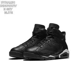 All-Black High-Top Retro Basketball Shoes with Perforated Leather and Reflective Laces