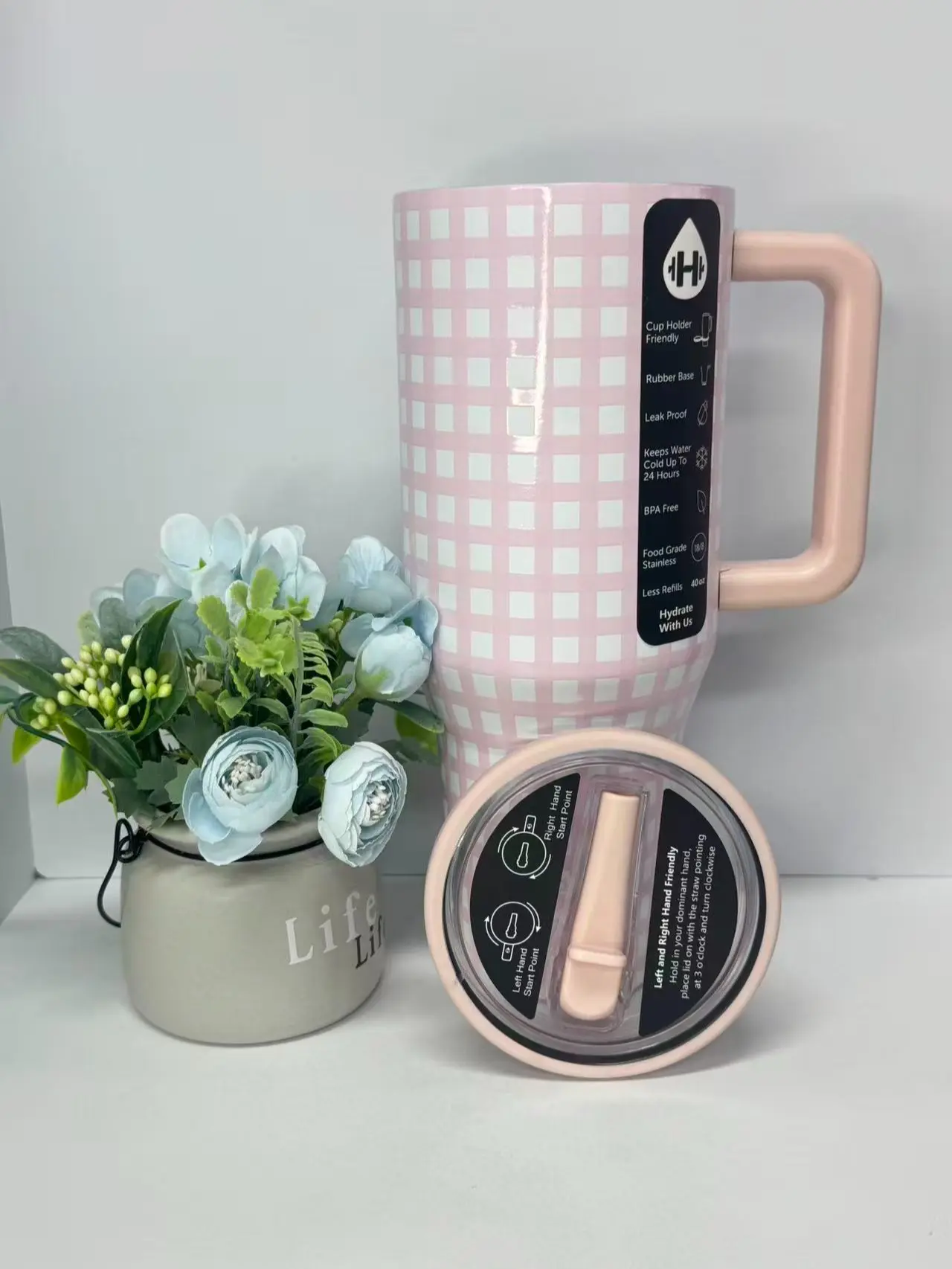 HydroJug   40oz Insulated Tumbler, Pink Plaid Pattern Stainless Steel  with Handle & Spill-Proof Lid, BPA-Free,  Holder Friendly for Travel, Office, Daily Use portable tiktokshopspringglowup cup leak travel cup blank skinny