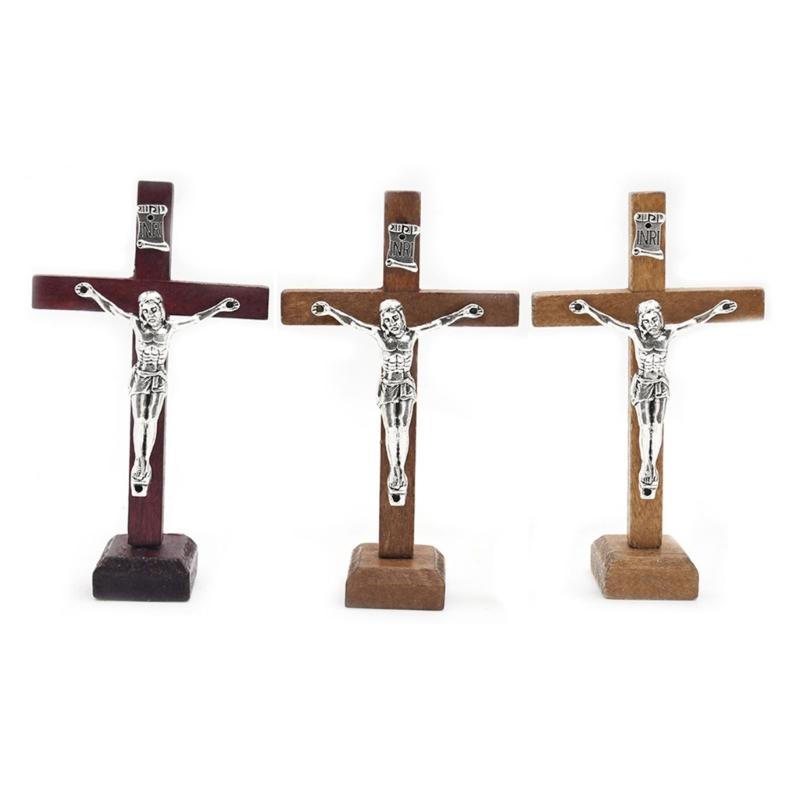 10pcs Wooden Cross Ornament Tabletop Ornaments Standing Crucifix Cross Decoration Churches Wood Cross with Stand Crafts