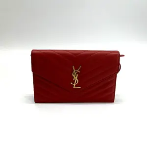 Pre-owned Yves Saint Laurent Leather Shoulder Bags YSL Grain De Poudre Matelasse Chevron Monogram Envelope Chain Wallet New Red