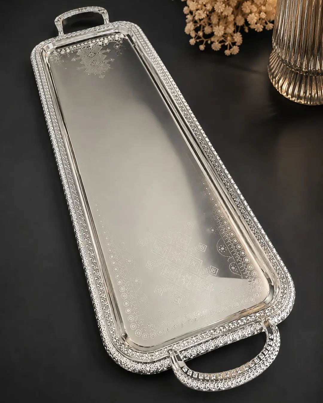 34" Sturdy Handcrafted Geometric Luxury Stainless Steel Rectangular Console Platter - Large Surface Extra-Long Kitchen Serving Tray for Banquet Tableware Display, Shallow Plates