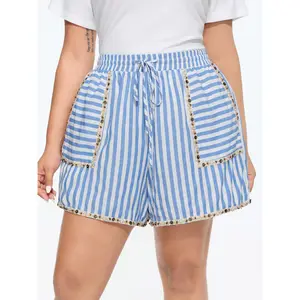 BLOOMCHIC Plus Size Asymmetrical Striped Print Shorts [M–6X], 2026 Summer Vibes Swimweek