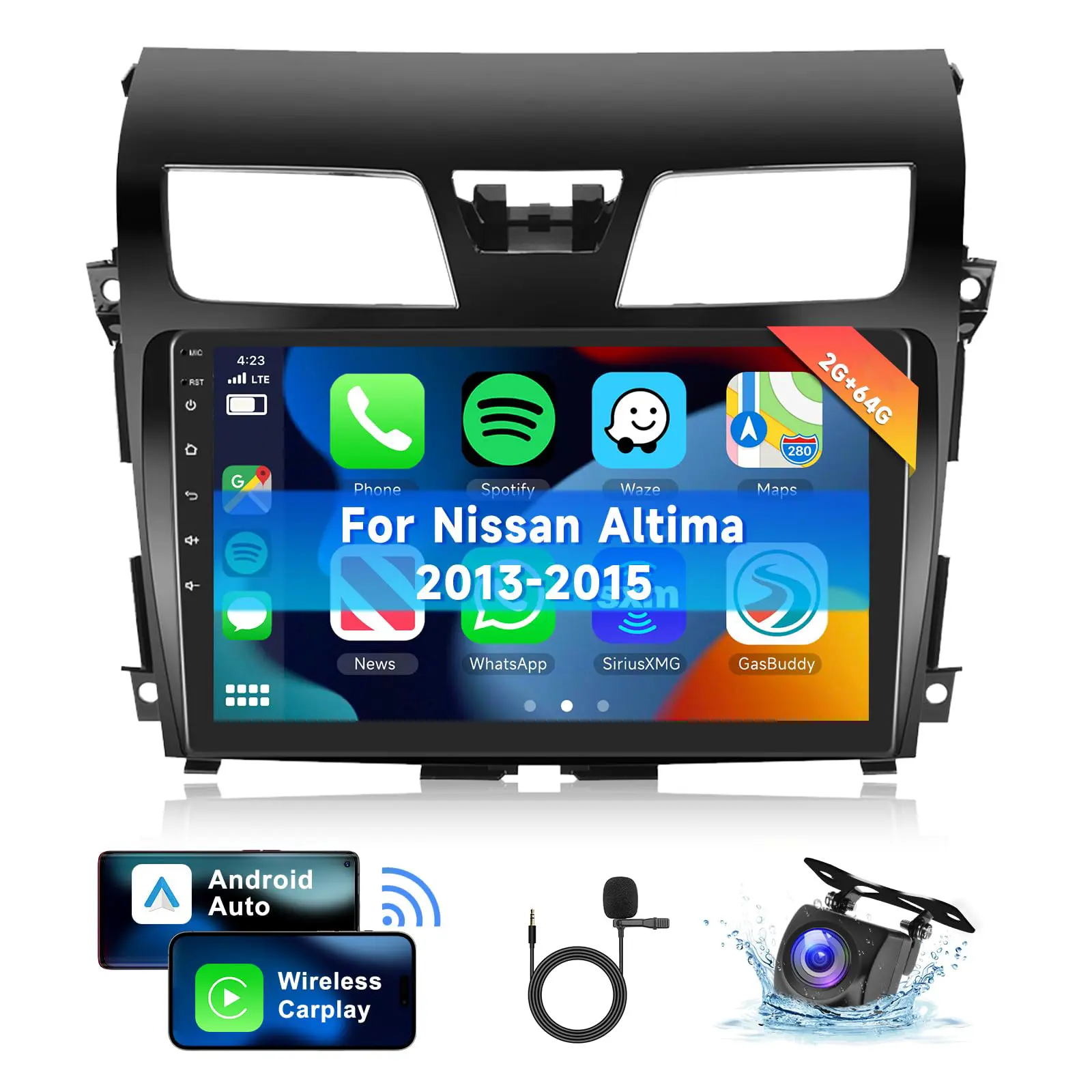 10.1 in [4+64G] Android 13 Car Radio for Nissan Altima 2013-2015, Carplay Touchscreen Stereo with Wireless Carplay, Android Auto, BT5.4, GPS Navigation, WiFi, SWC, DSP, Wiring Harness, Plug-and-Play, Wireless Sync, 10.1-Inch
