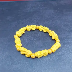 Realgar Pixiu Dragon Bracelet Yellow Color with Unique Design Elements Chinese Bangle Style 6mm Wrist Size Realgar Beads & Pixiu Dragon Charms Adjustable Cuff