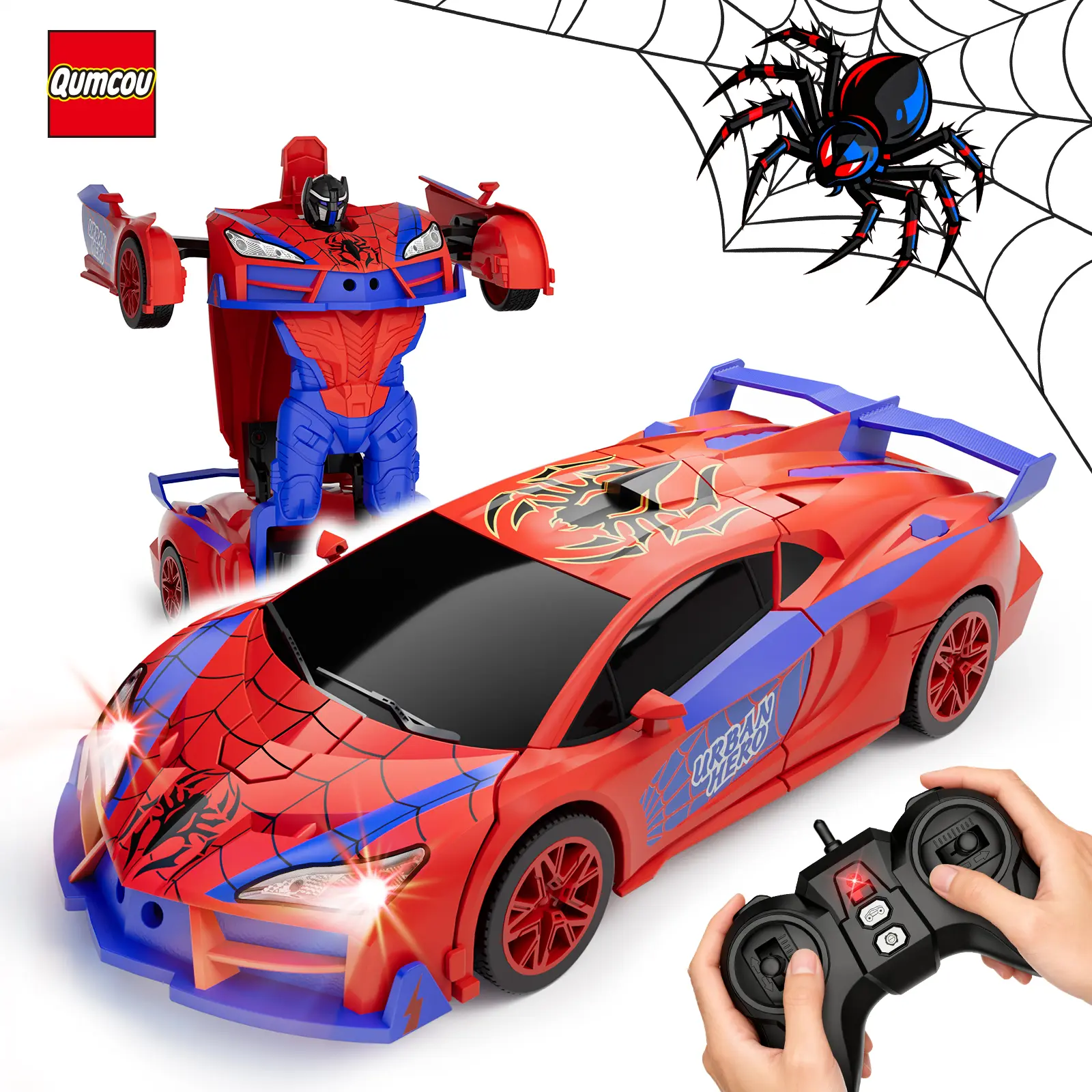 Qumcou Spider Transform RC Car - 1:16 Scale, 2.4GHz Long-Range Signal Cars, 1-Button Transform, 360° Spin, Red & Blue Lights, RC Controlled Toy for Boys 3-8, Christmas Birthday Gifts