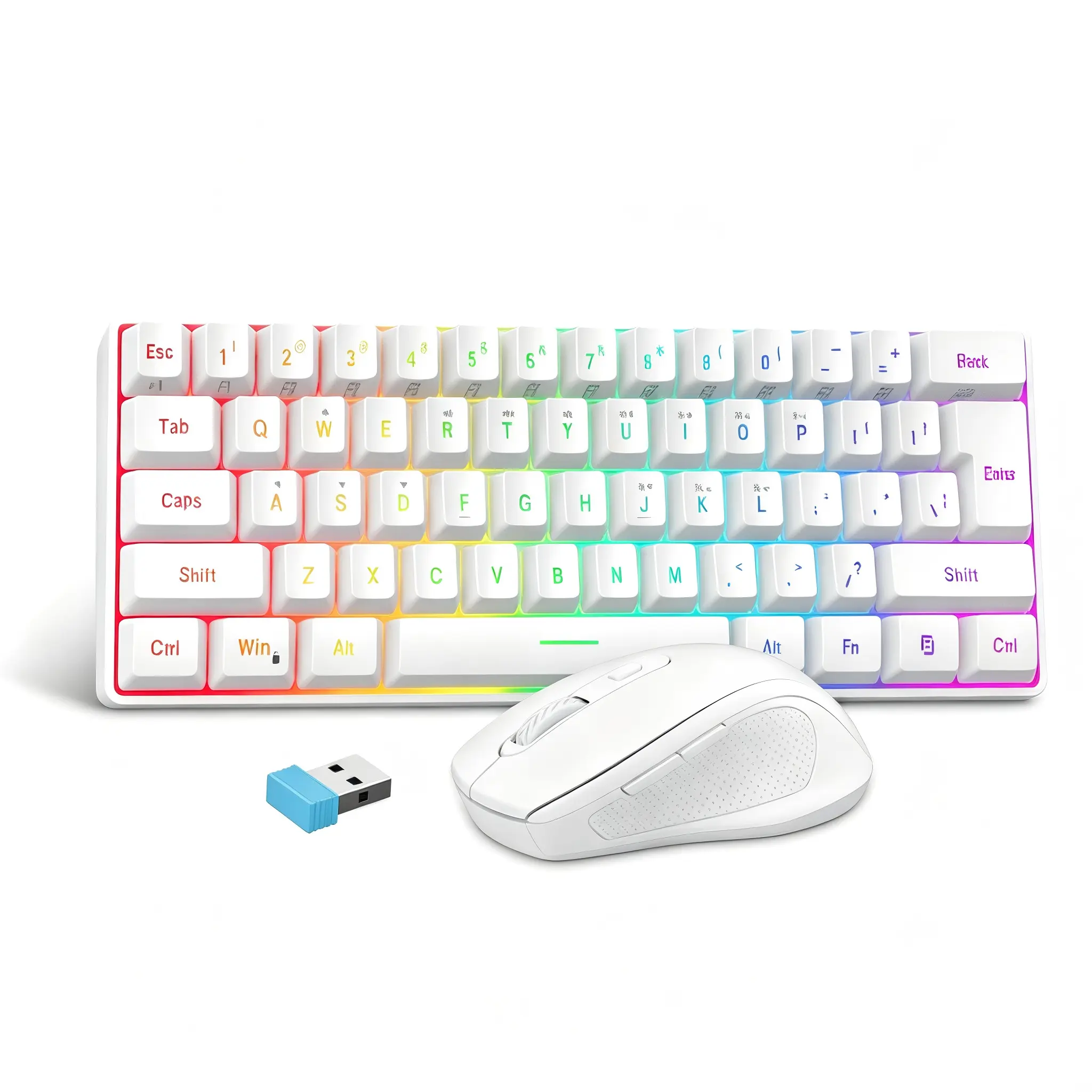 60% Mini 2.4G Wireless Gaming Keyboard & Mouse Combo, RGB Backlit Mechanical-Feel Membrane Keyboard, Ergonomic Lightweight Wireless Gaming Mouse, White Compact Desktop Peripheral for Gaming & Daily Typing