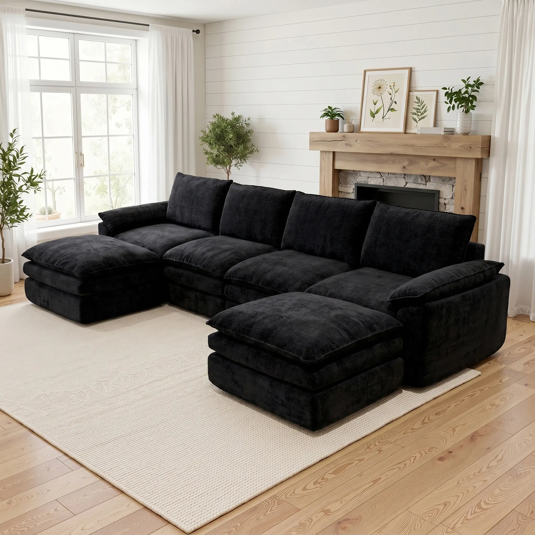 154.3" U-Shaped Modular Sectional Sofa - Comfy Cloud 3-Seater with 2 Movable Ottoman, Cloud Sofa for Living Room Multiple configurations available; features soft chenille upholstery.