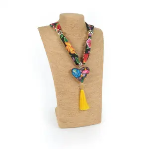 Oaxacan Alebrije Wood Carving Heart & Flowers Necklace