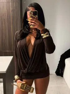 Deep V Cross-Fold Dress, Loose Batwing Sleeve Design, Drape Fabric, Slimming Bodycon Short Skirt, Trendy Style