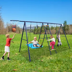 6-in-1 Kids Playground Equipment Outdoor Furniture Set with Climbing Ladder, Climbing Net, Trapeze Bar, Hammock, Belt Swing, Basketball Hoop for Backyard,summervibes