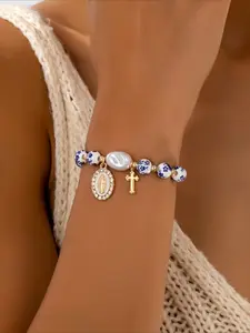 Vintage Cross Saint Mary Blue Porcelain Handmade Beaded Elastic Bracelet, Stackable Bracelets, Unique Design Women's Casual Daily Wear Jewelry, Beads bracelets
