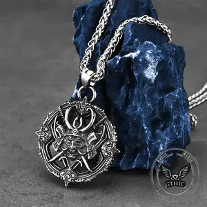 GTHIC Vintage Turntable Samurai Demon Stainless Steel Pendant Bold Japanese Style Necklace for Men Daily Wear